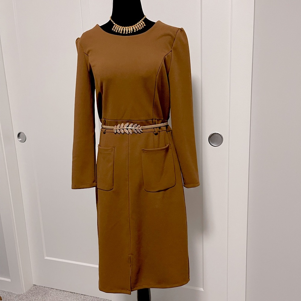 Midi dress brown long sleeve, stretchable sizeS